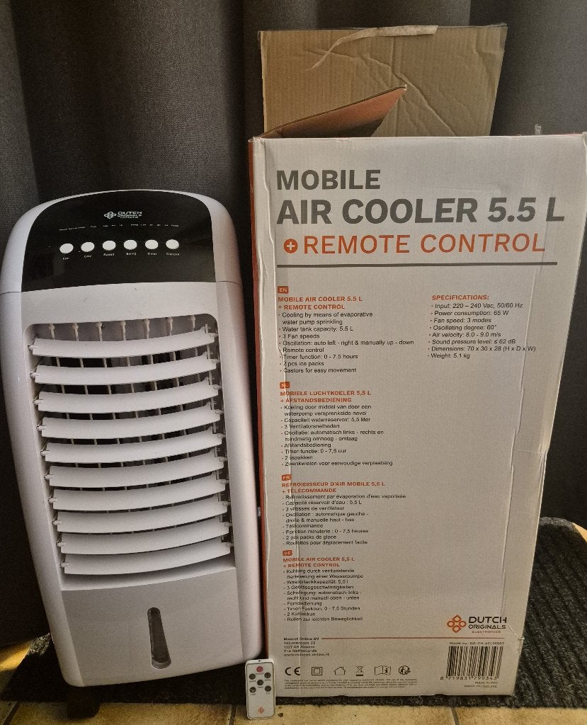 Mobiele Air Cooler 5.5 L, Ophalen, Timer, Minder dan 60 m³, 3 snelheden of meer