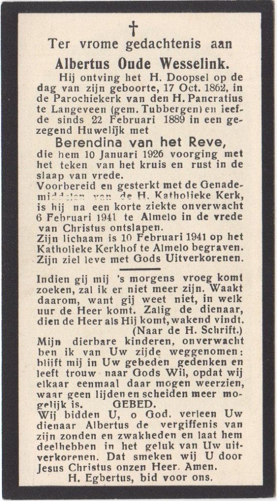 Albertus Oude Wesselink 1862 Langeveen + 1941 Almelo, 78 jr, Verzamelen, Bidprentjes en Rouwkaarten, Verzenden