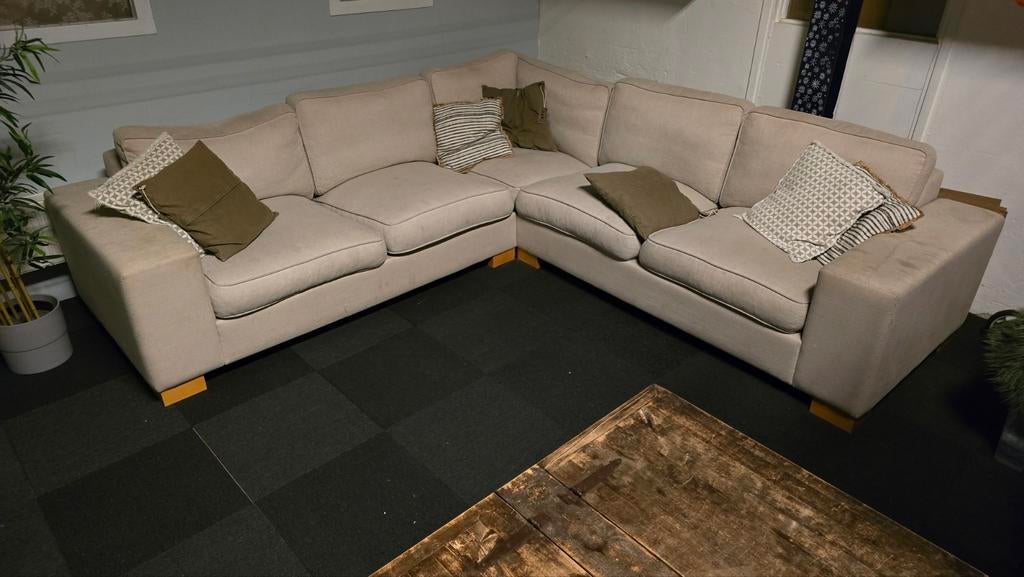 Gebruikte comfortabele hoekbank - Beige Stof - 3 delen, Ophalen, Modern, Comfortabel, Gebruikt, 100 tot 125 cm