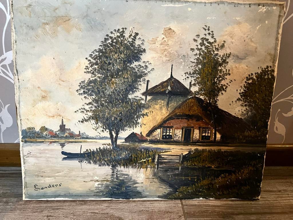 Olieverf schilderij op canvas - Landschap met huis, Ophalen