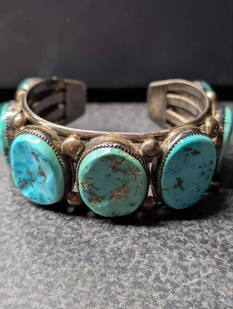 Vintage Zilveren Armband met Turquoise Stenen, Sieraden, Tassen en Uiterlijk, Armbanden, Gebruikt, Zilver, Blauw, Met edelsteen