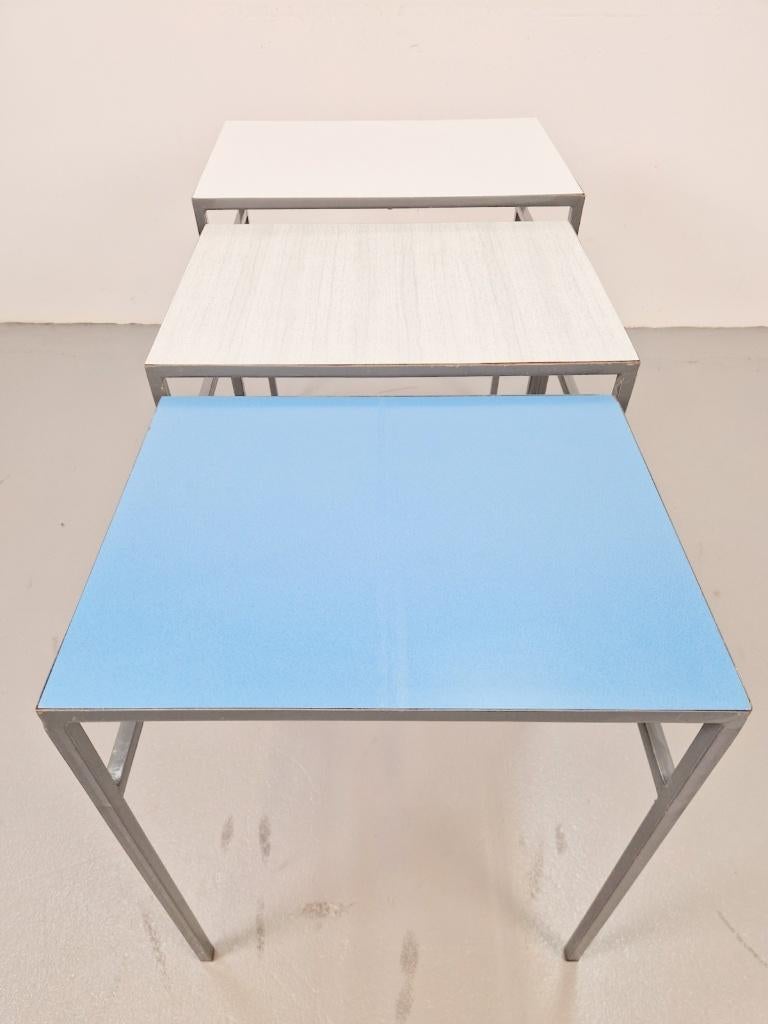Vintage mimi set metaal formica teak Nesting Tables ‘60, 45 tot 60 cm, Minder dan 55 cm, N, Metaal of Aluminium