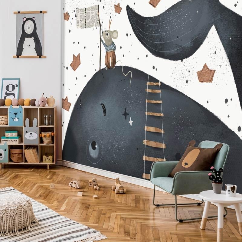 Fotobehang Behang Kinderkamer Kinderbehang - Walvis en Muis, Blauw, Ophalen of Verzenden, Minder dan 10 m², Info@fotobehangkoning.nl