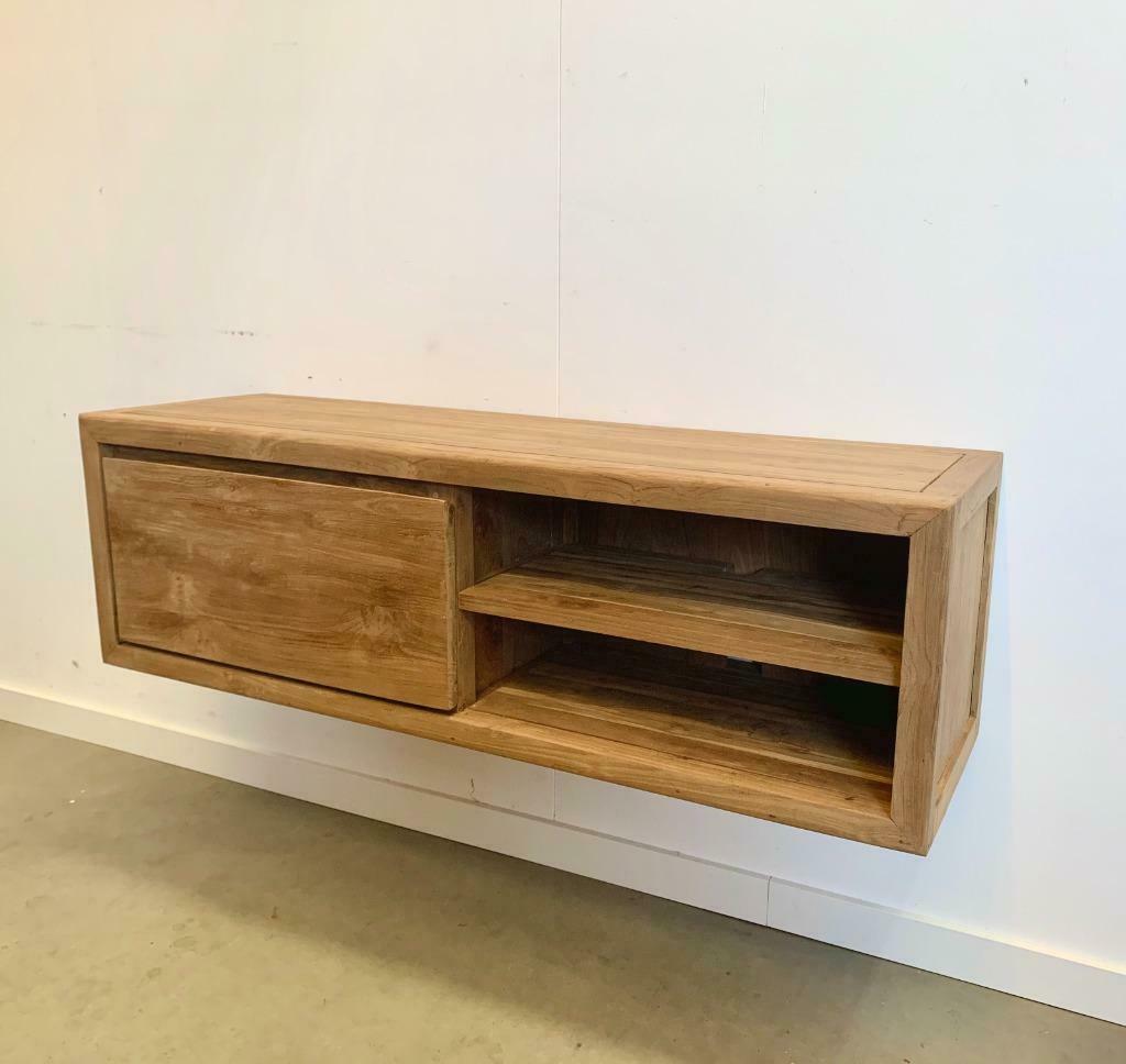 Hangend tv-meubel 130 cm breed massief teakhout, 100 tot 150 cm, Teakhout, Nieuw, Ophalen of Verzenden
