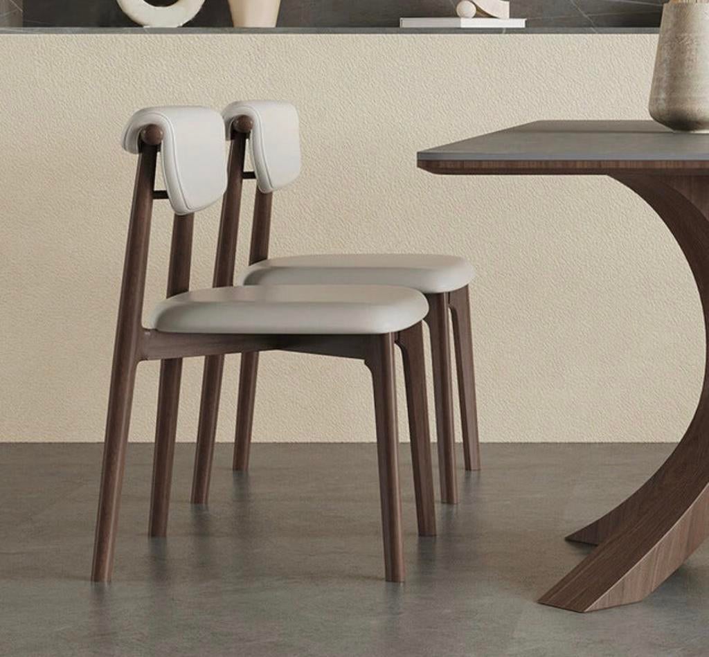 6x nieuwe Japandi eetstoelen eetkamerstoelen walnoot en leer, Ophalen, Leer, Zo goed als nieuw, Grijs