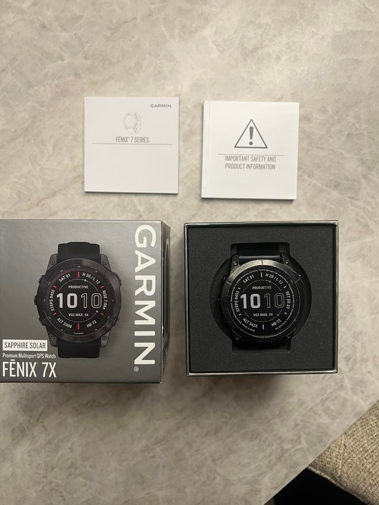 Garmin Fenix 7X Sapphire Solar, Sieraden, Tassen en Uiterlijk, Sporthorloges, Gebruikt, iOS, Zwart, Afstand, Calorieverbanding