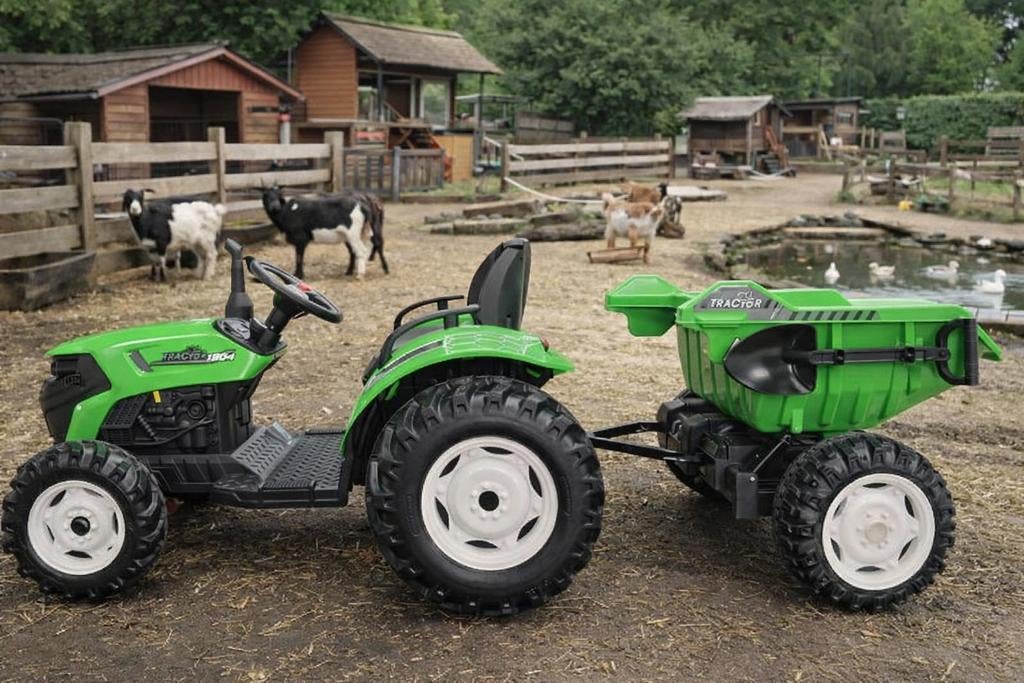 KINDER TRACTOR MET AANHANGER 24 VOLT 1 PERSOONS GROEN, Kinderen en Baby's, Speelgoed | Buiten | Accuvoertuigen, Ophalen