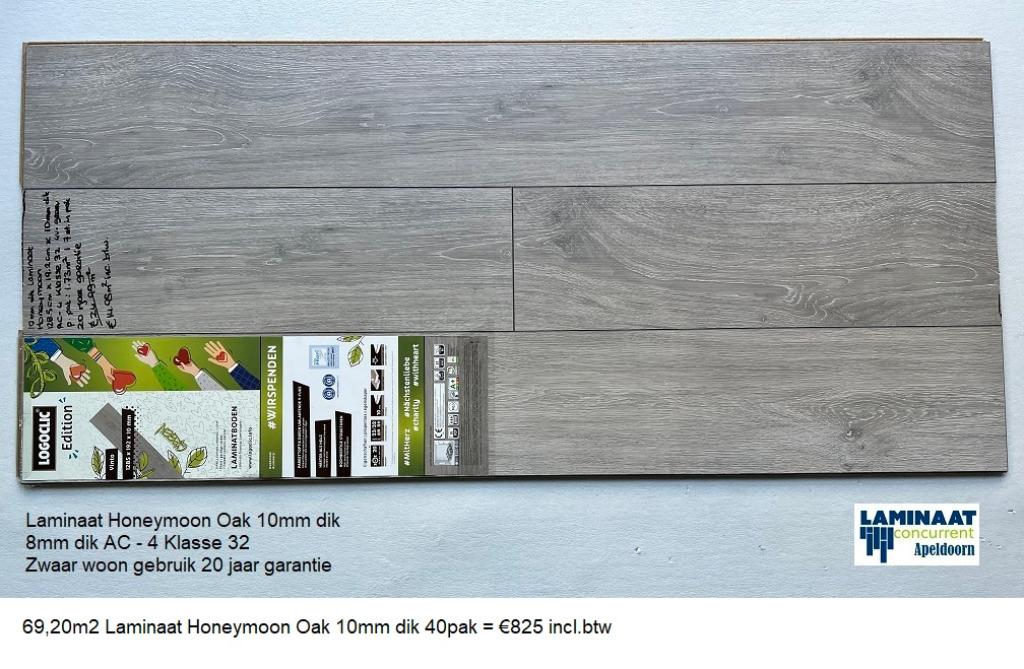 69,20m2 Laminaat Honeymoon Oak 10mm dik 40pak = €825, 75 m² of meer, Nieuw, Ophalen of Verzenden, Laminaat
