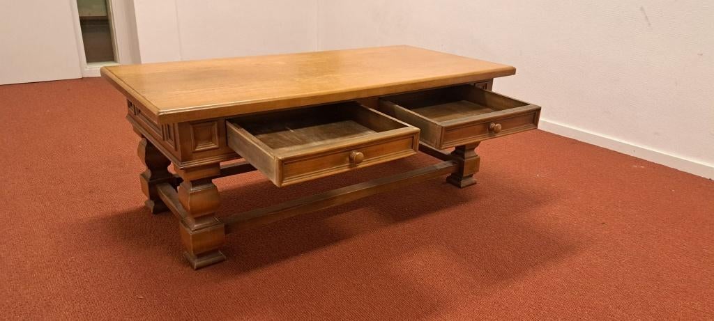 Klassieke houten salontafel met lades – degelijk & tijdloos, Gebruikt, 100 tot 150 cm, Eikenhout, Rechthoekig