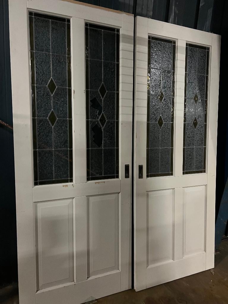 Set oude en-suite / schuifdeuren glas in lood 231.5 x 184, Ophalen, 215 cm of meer, Binnendeur, Schuifdeur