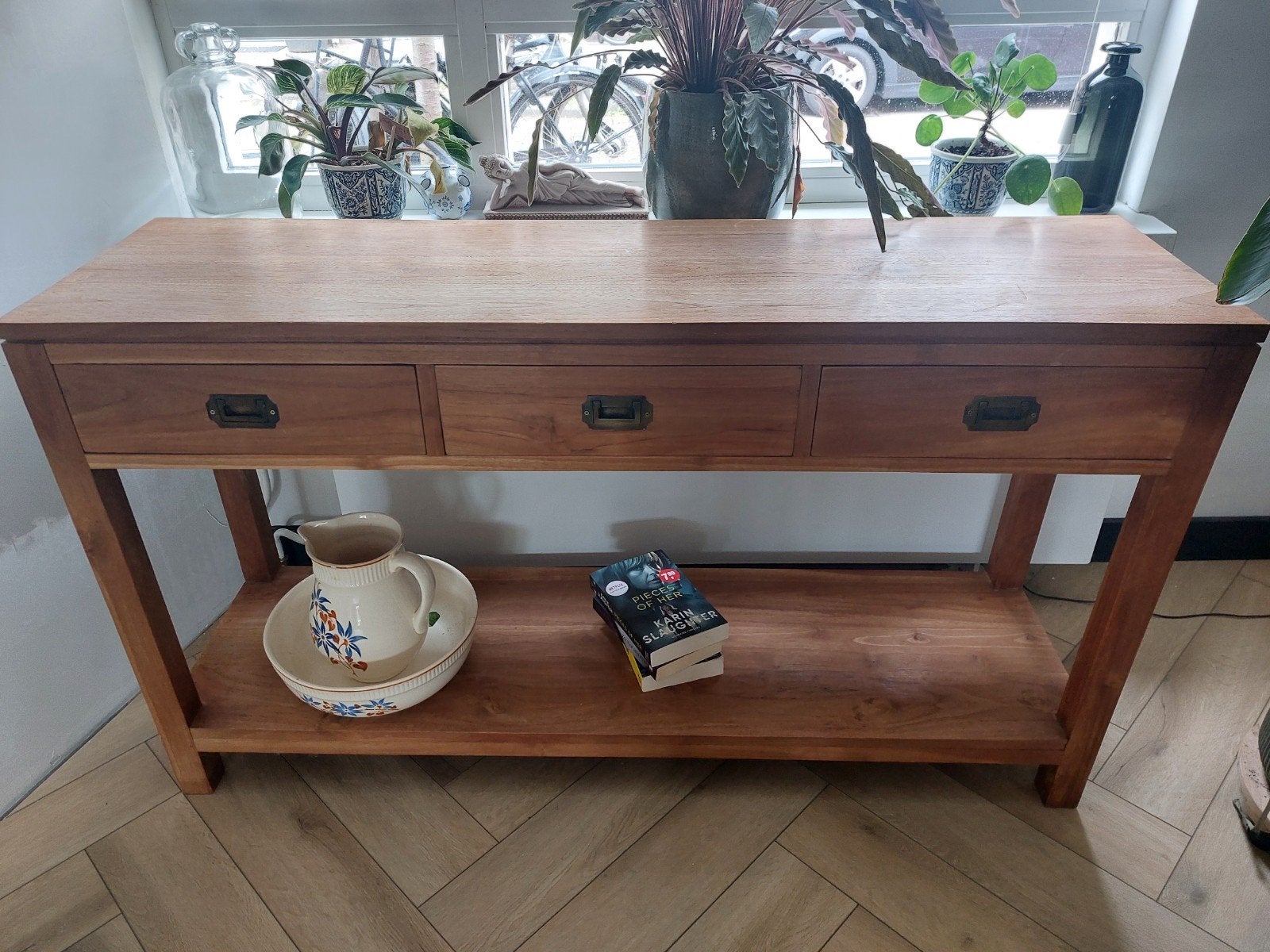 Sidetable massief hout, Ophalen of Verzenden, 25 tot 50 cm, Rechthoekig, 100 tot 150 cm