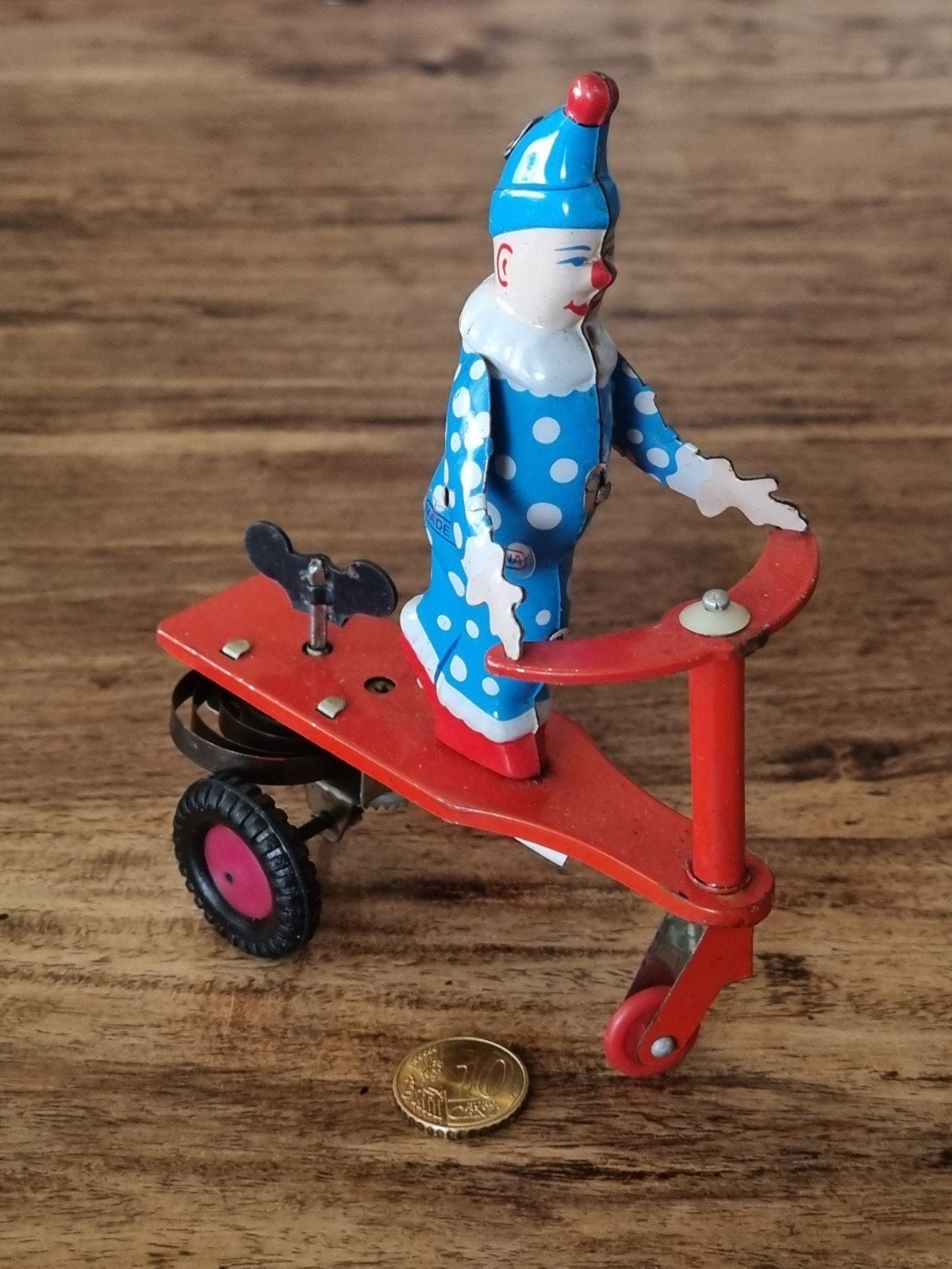 Vintage Opwindbaar Blikken Speelgoed Clown op Scooter, Ophalen of Verzenden