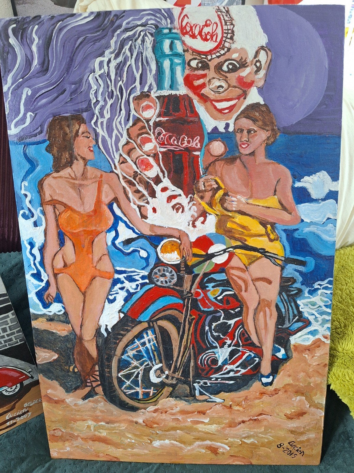 Pop Art Schilderij met Dames en Motor kever, Ophalen of Verzenden