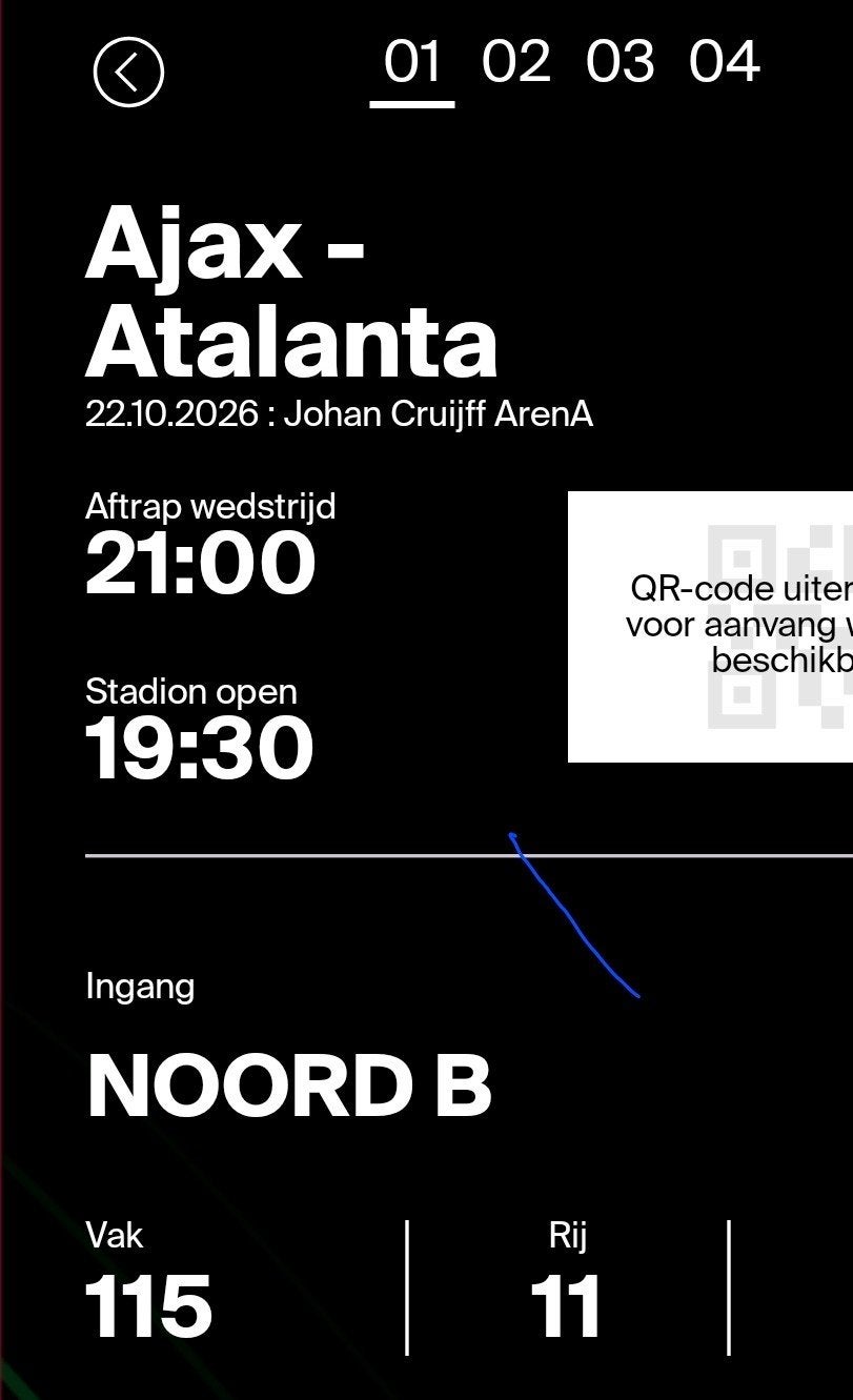 1x AJAX-ATALANTA  //  Vak : 115 Rij: 11, Tickets en Kaartjes, Overige typen, Eén persoon, Oktober, Europa of Champions League