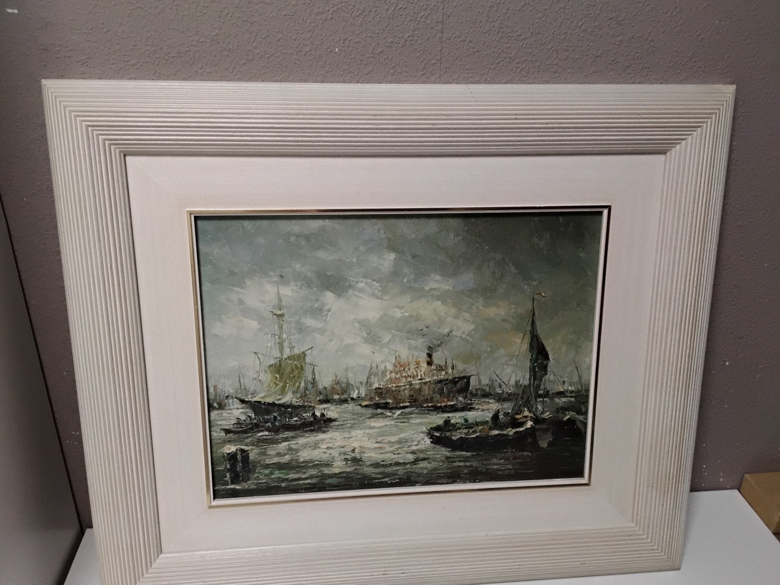 Olie verf Schilderij: Havenzicht met Schepen gesigneerd, Verzamelen, Scheepvaart, Ophalen