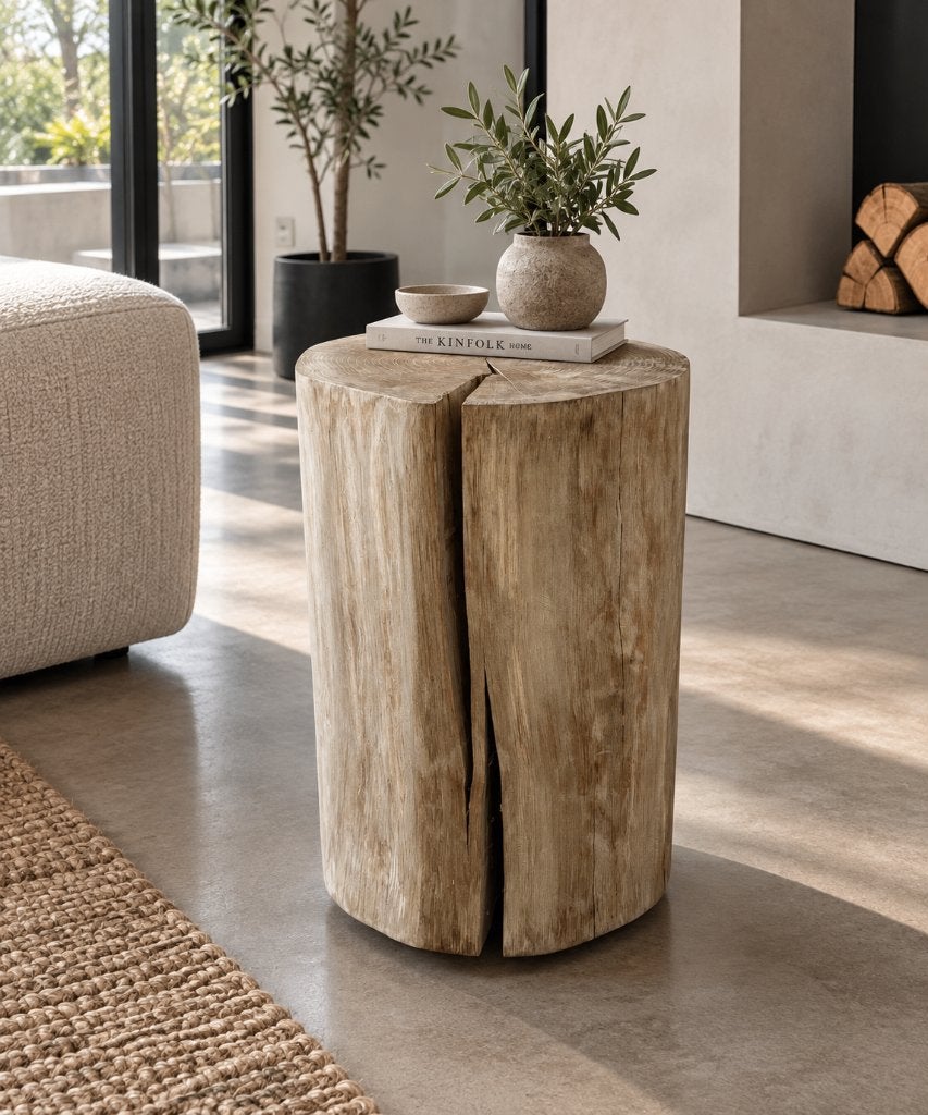 Eiken Boomstam bijzettafel op wielen, Huis en Inrichting, Minder dan 55 cm, Rond, Nieuw, Natuurlijk