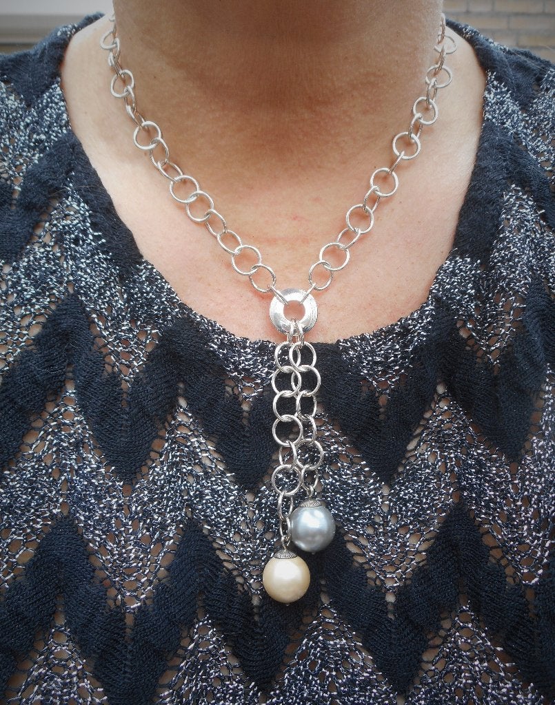 Zilveren ketting met vaste hangers parels nr.2403