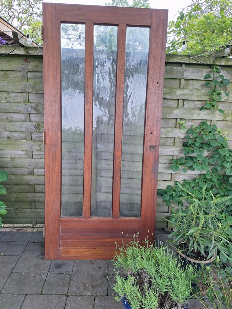 Merbau voordeur met glas, 98,5x213 cm, Gebruikt, 80 tot 100 cm, Ophalen of Verzenden, Buitendeur