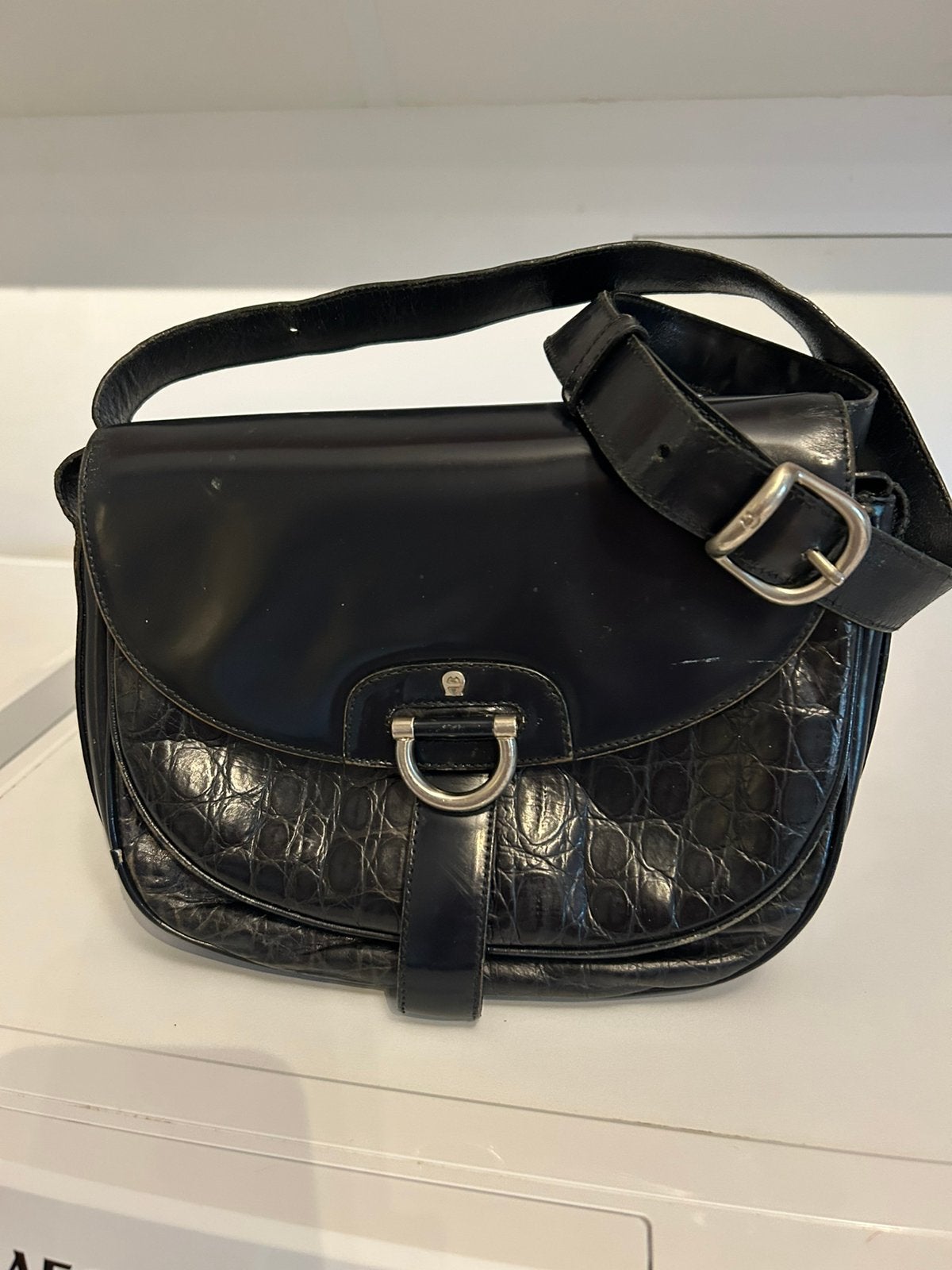 Etienne  Aigner tas vintage donkerblauw, Ophalen of Verzenden, Gebruikt, Blauw, Schoudertasje