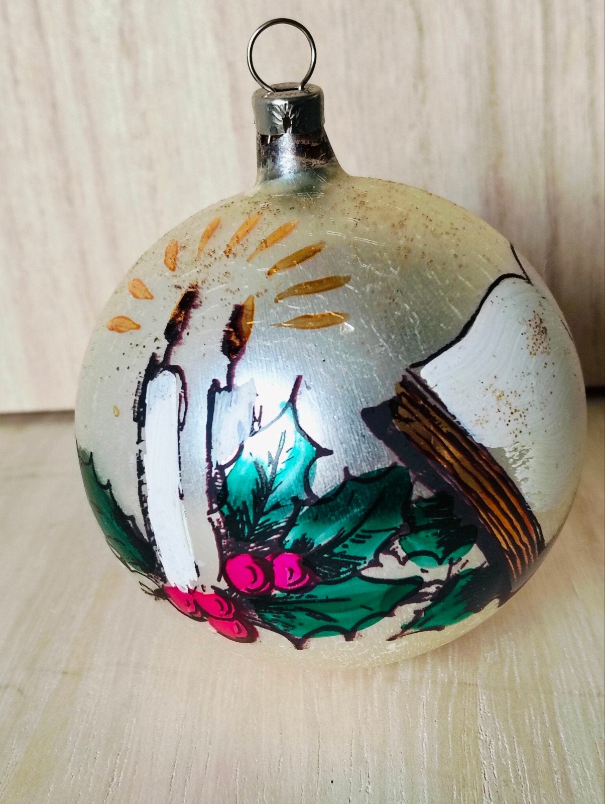 Antieke glazen kerstbal- Decor kaars/ bijbel, Diversen, Kerst, Ophalen of Verzenden, Gebruikt