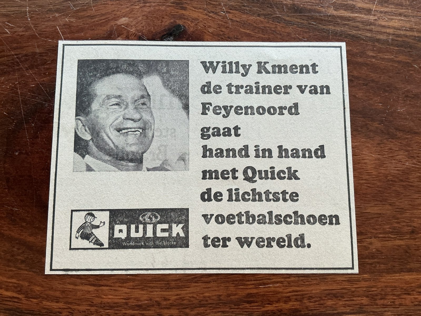 Voetbal reklame Quick Willy Kment trainer Feyenoord nov 1965, Ophalen of Verzenden, 1960 tot 1980, Knipsel(s)
