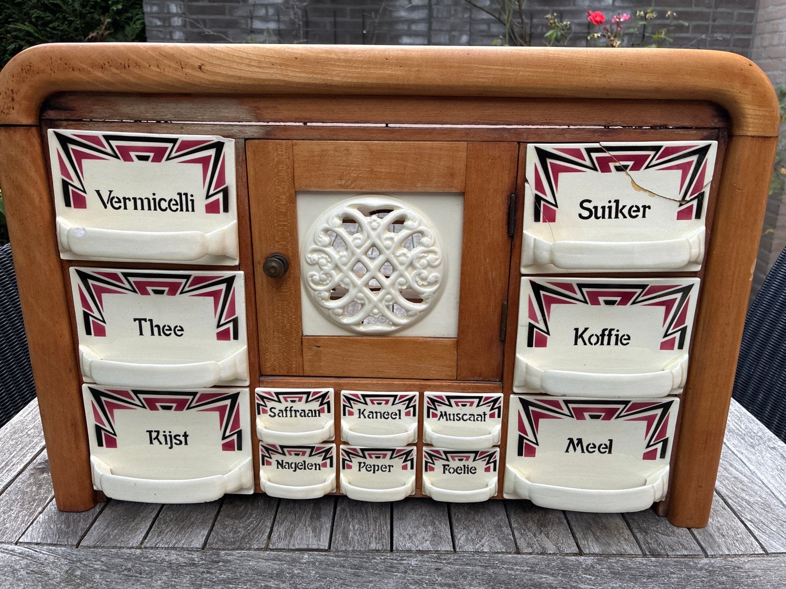 Vintage kruidenrek met keramische lades, Antiek en Kunst, Ophalen of Verzenden