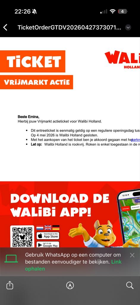 1 walibi kaartje geldig t/m 10 mei, Tickets en Kaartjes, Eén persoon, Ticket of Toegangskaart