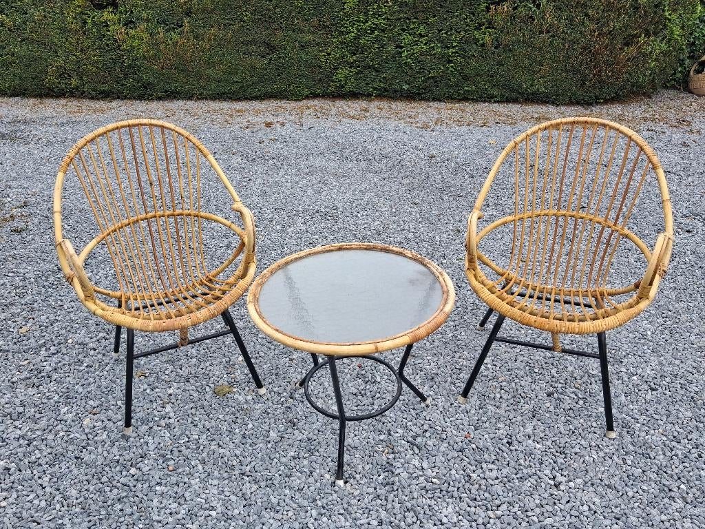 Rohe Noordwolde rotan stoelen met tafeltje, jaren 6o retro, Huis en Inrichting, Stoelen, Ophalen, Gebruikt, Twee, Bruin