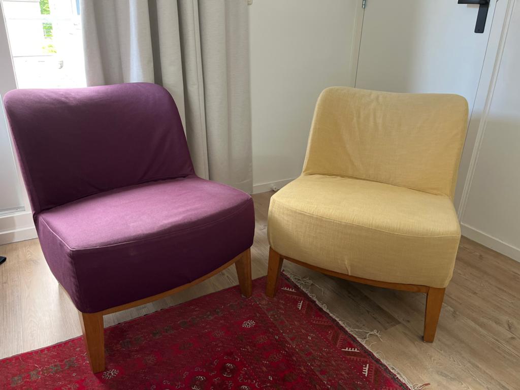 Twee comfortabele IkEA stockholm fauteuils: paars en geel, Huis en Inrichting, Fauteuils, Ophalen, 75 tot 100 cm, Zo goed als nieuw