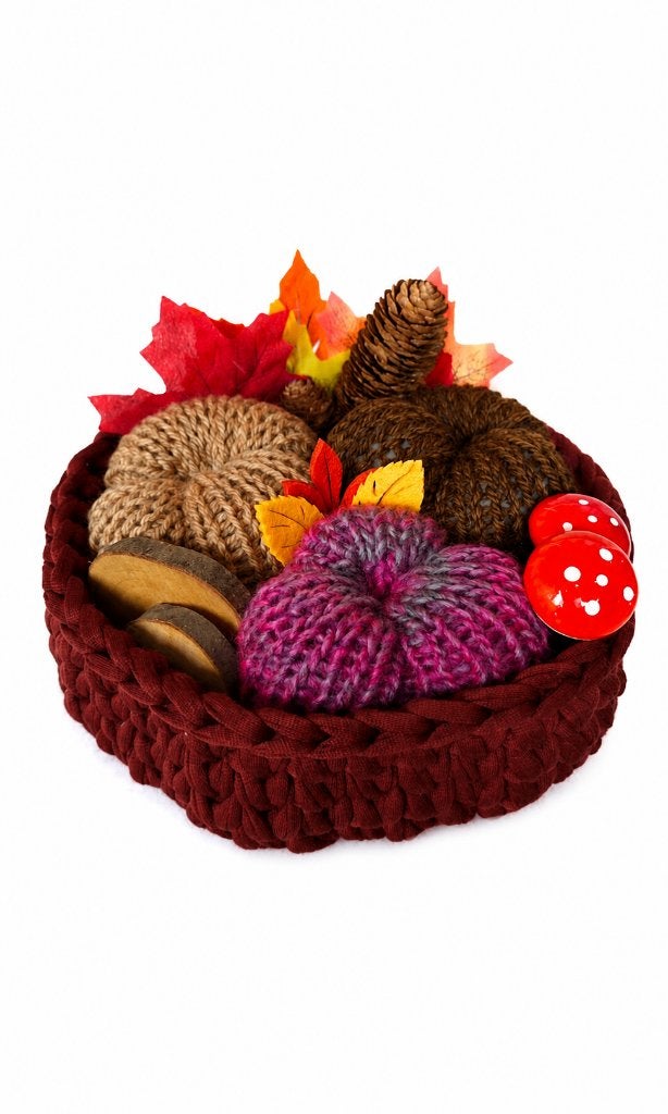 Herfst/Halloween mandje met pompoenen en dennenappels, Mand, Textiel, Rond, Nieuw