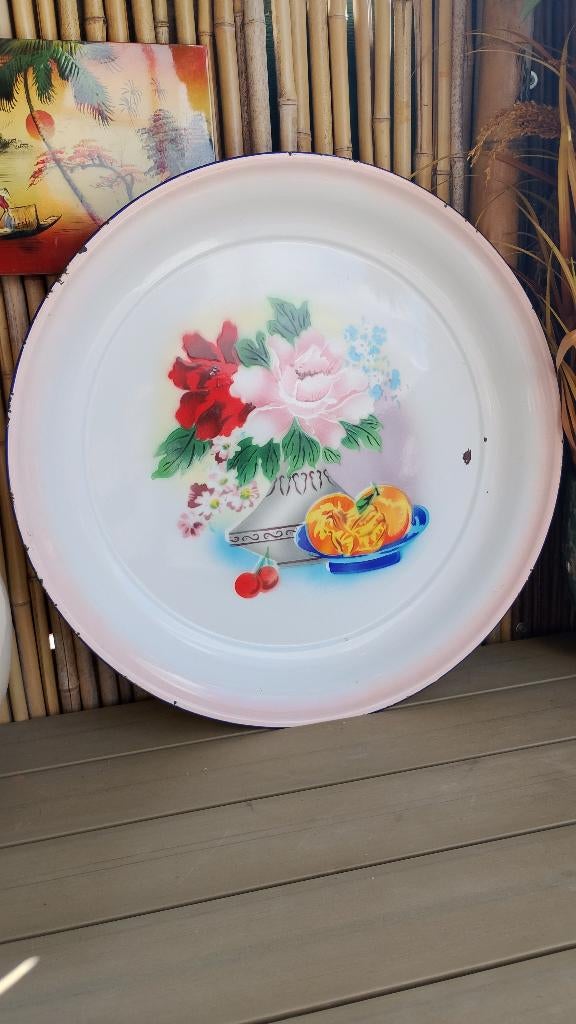 Vintage Chinese emaille schaal XL 56 cm diameter, Antiek en Kunst, Antiek | Emaille, Ophalen of Verzenden