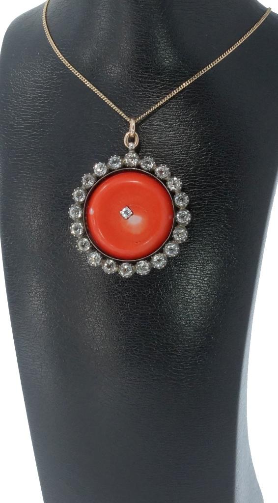 Grote koraal antieke ketting hanger goud zilver glas dames, Verzenden, Goud, Hanger, Met edelsteen