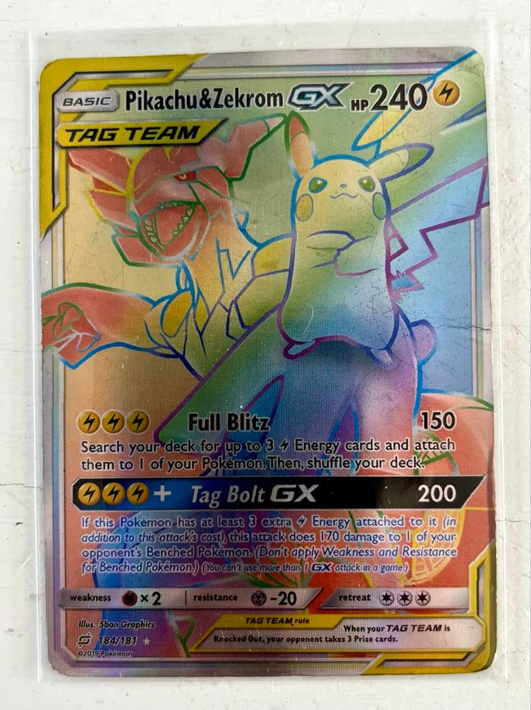 Pikachu & Zekrom GX TAG TEAM Holofoil Pokémon Kaart, Ophalen of Verzenden, Zo goed als nieuw, Losse kaart, Foil