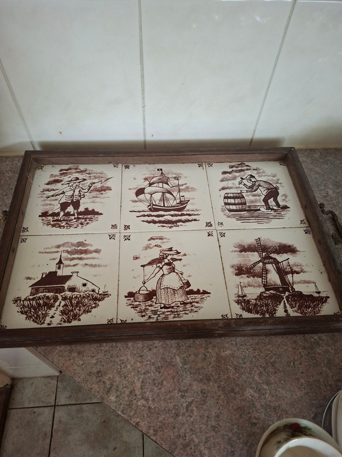 Vintage dienblad met Delfts blauwe tegeltjes, Antiek en Kunst, Ophalen of Verzenden