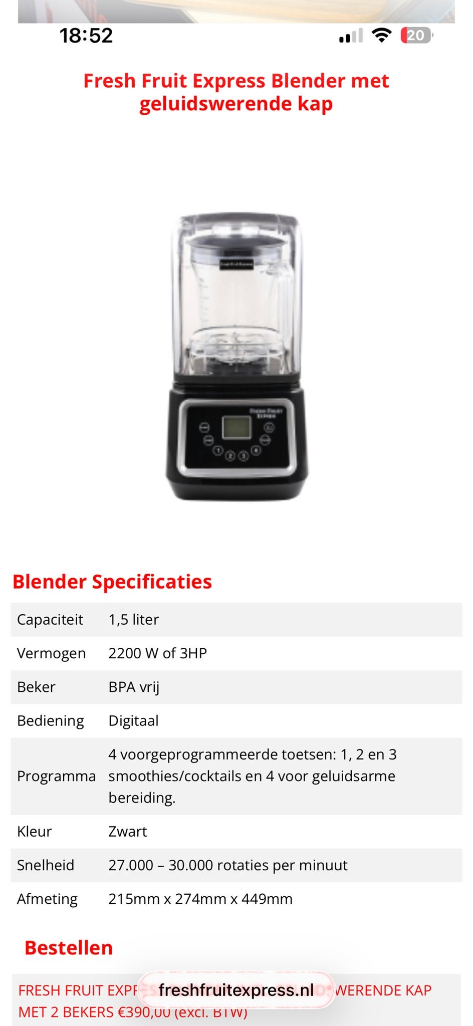 Fresh Fruit Express Blender met geluidswerende kap, Ophalen of Verzenden, Nieuw, Powerblender