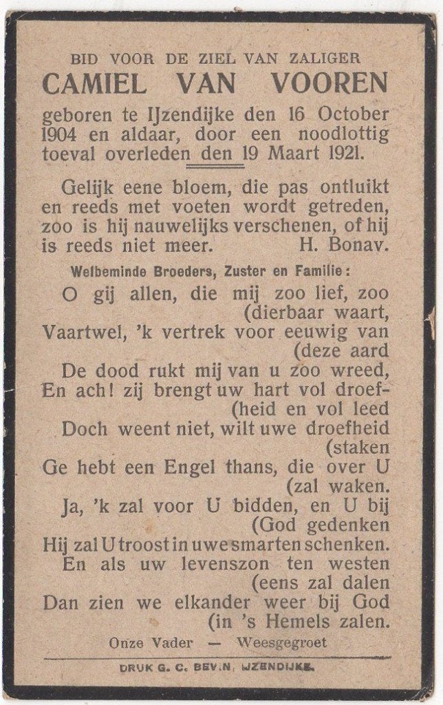 Camiel van Vooren 1904 IJzendijke + 1921 IJzendijke, 16 jr, Ophalen of Verzenden