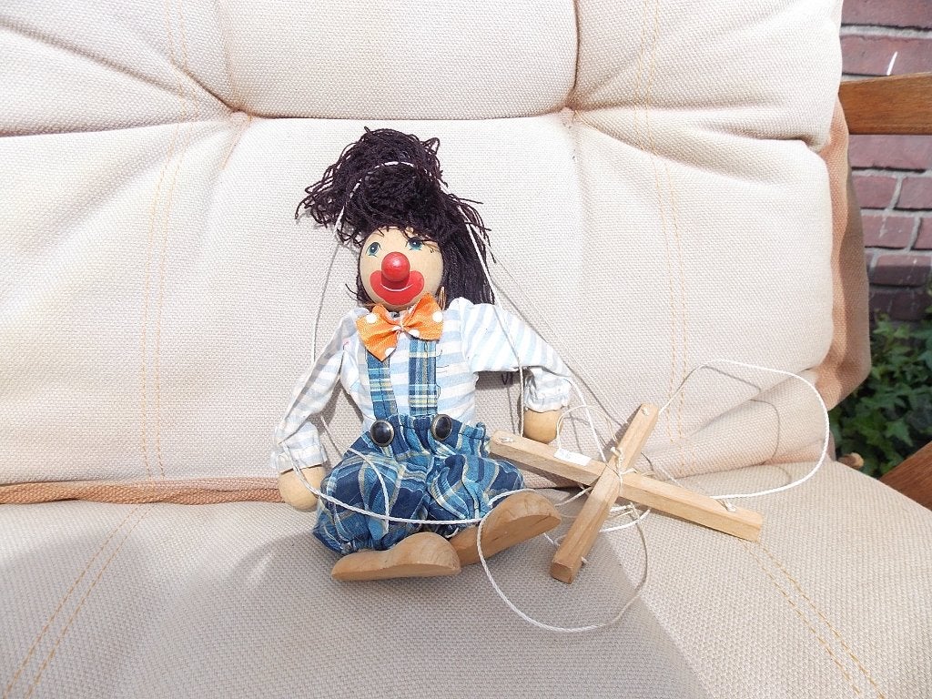 Houten marionet pop - Clown 20 cm lang, Ophalen of Verzenden, Gebruikt, Pop