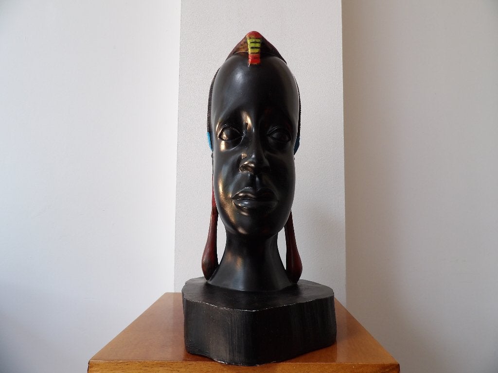 Gaaf Sixties Houten Beeld Afrikaanse Vrouw - 33,5cm, Antiek en Kunst, Buste, Ophalen of Verzenden, 20 - 50 cm, Handgemaakt