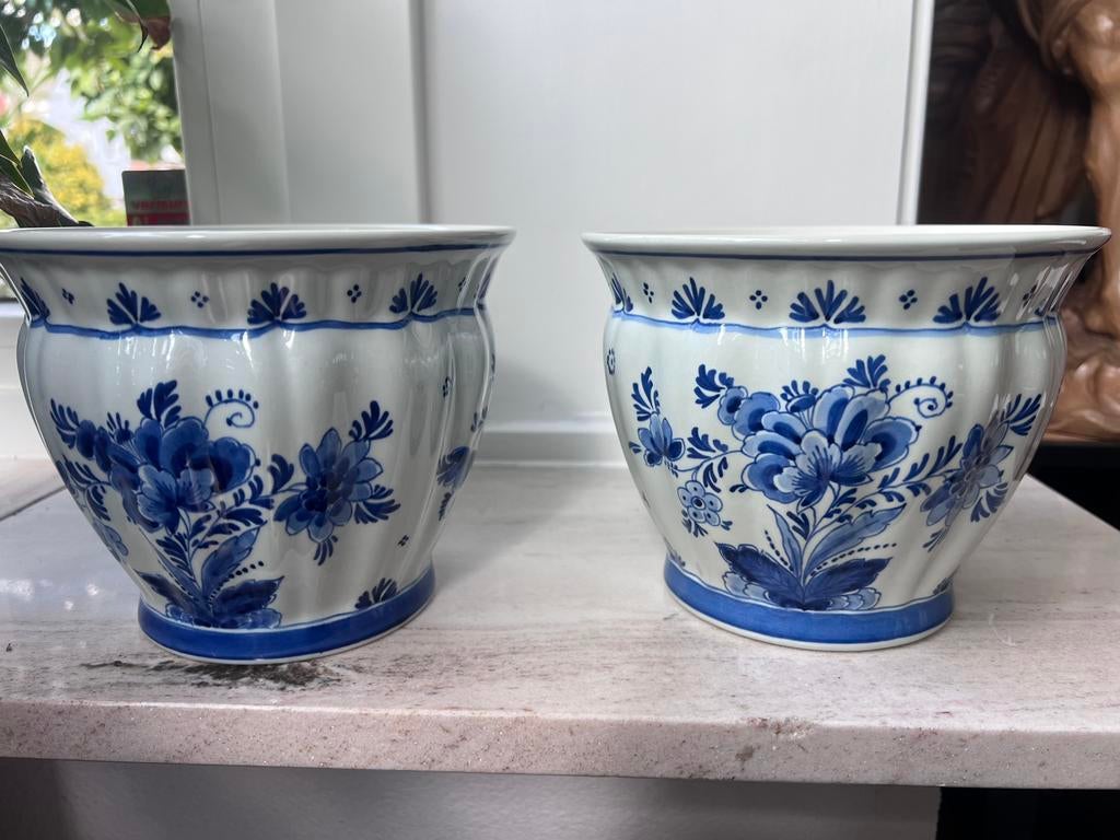 Set 2 delftsblauwe bloempotten cachepots de porceleyne fles, Ophalen of Verzenden