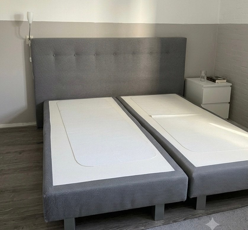 Grijze boxspringbed 180x200 cm, Ophalen, Tweepersoons, Zo goed als nieuw, 180 cm