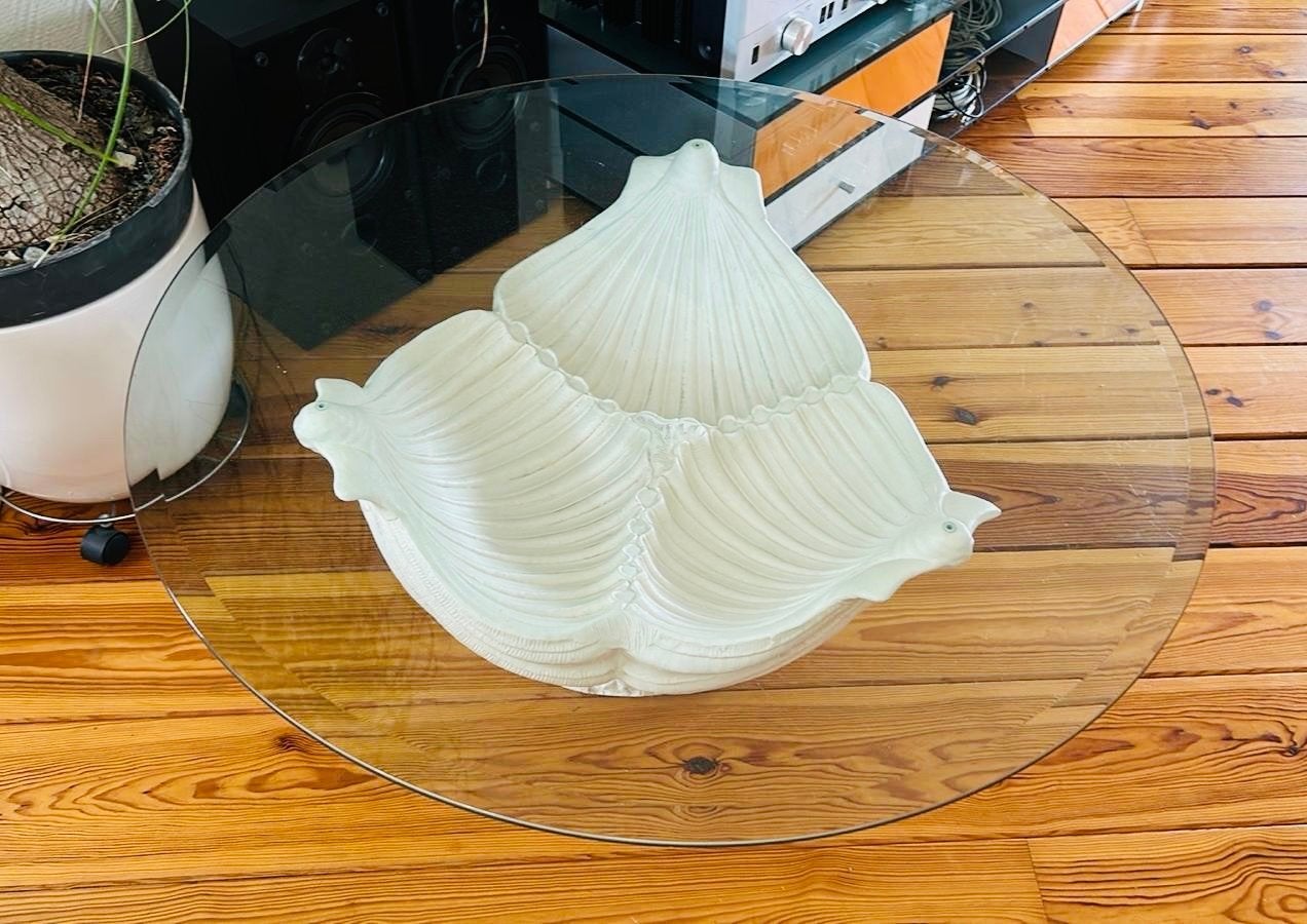 Ronde glazen salontafel met uniek schelp onderstel, Ophalen, Gebruikt, Rond, Glas