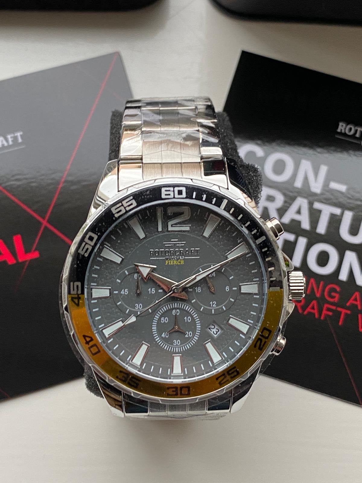 Horloge pols mannenhorloge zwart goud zilver rotorcraft, Overige merken, Staal, Polshorloge, Ophalen of Verzenden