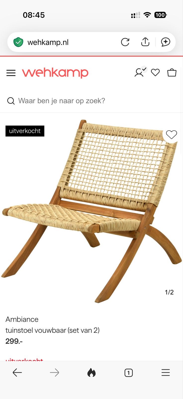Ambiance tuinstoel vouwbaar (set van 2), Ophalen of Verzenden, Zo goed als nieuw, Hout, Inklapbaar