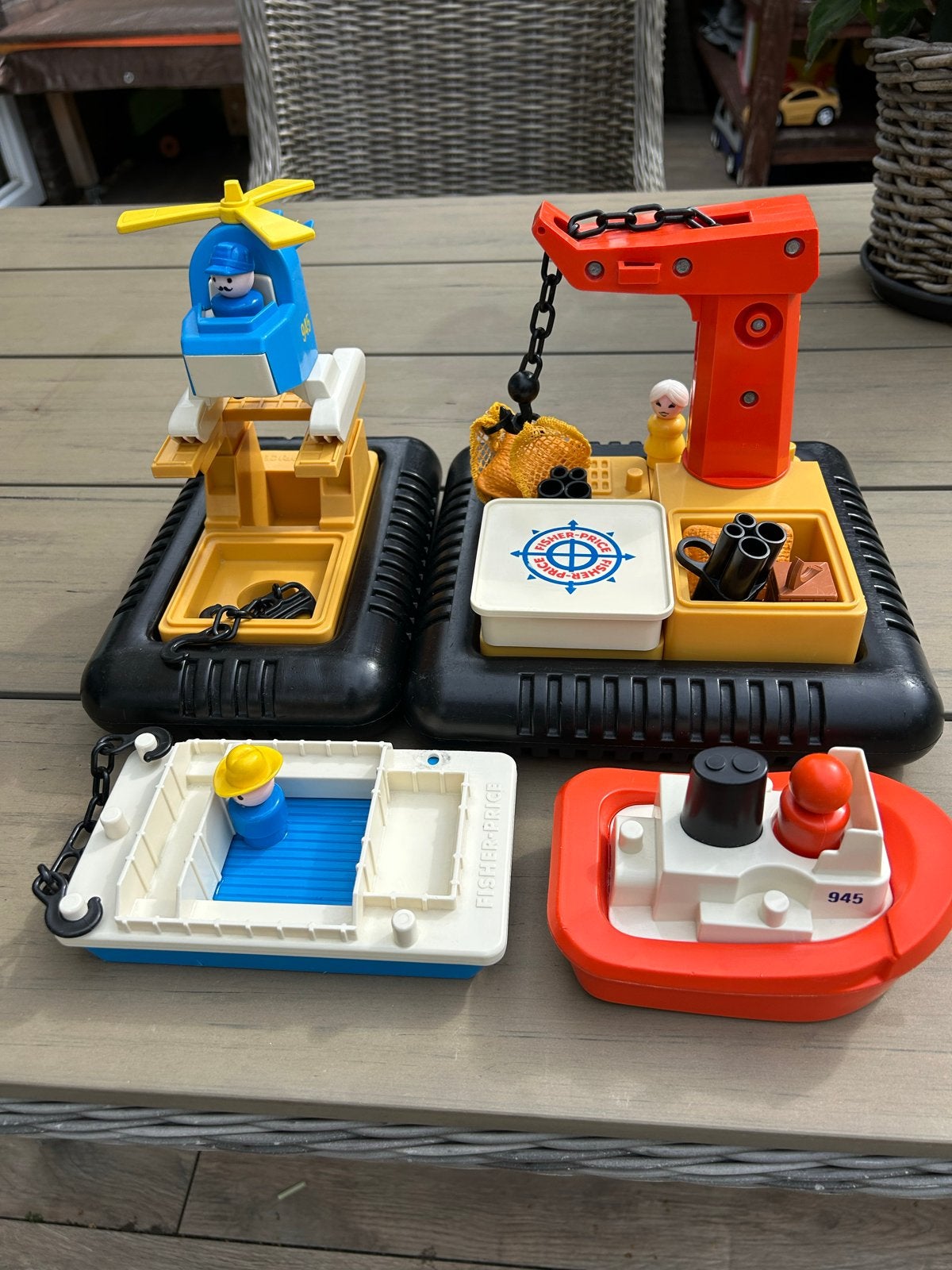 Fisher-Price havenspeelset  #945 met bootjes en helikopter, Ophalen of Verzenden, Gebruikt, Speelset