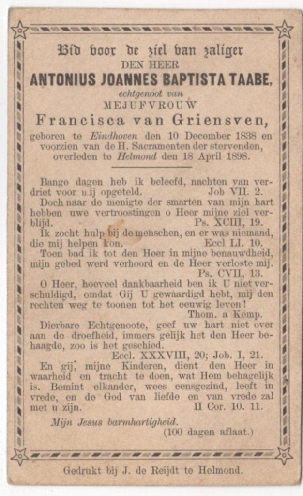 Antonius J.B. Taabe 1838 Eindhoven + 1898 Helmond, 59 jr, Verzenden