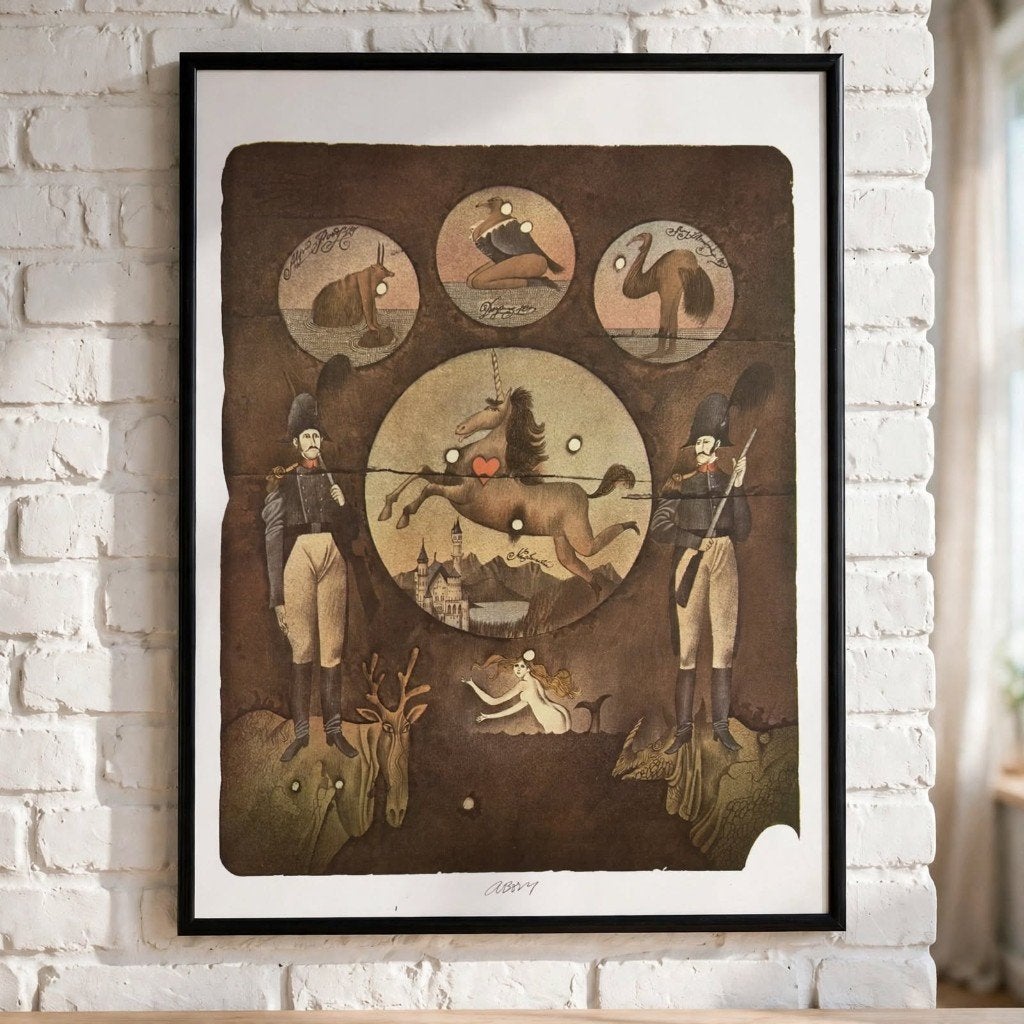 Vintage Lijst Surrealistische Print Eenhoorn + Soldaten -'70, Minder dan 50 cm, Gebruikt, Ophalen of Verzenden, Print