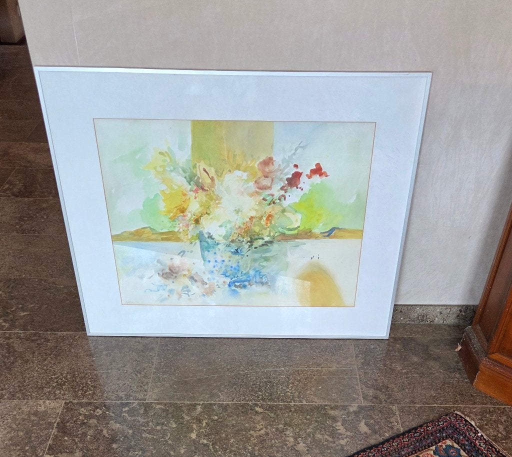 Groot ingelijst aquarel – bloemen in vaas – 71 x 91 cm, Ophalen