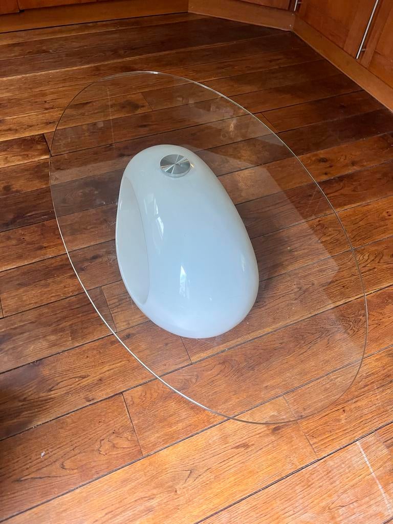 Moderne glazen salontafel met witte ovale voet, Ophalen, Gebruikt, 100 tot 150 cm, 50 tot 100 cm