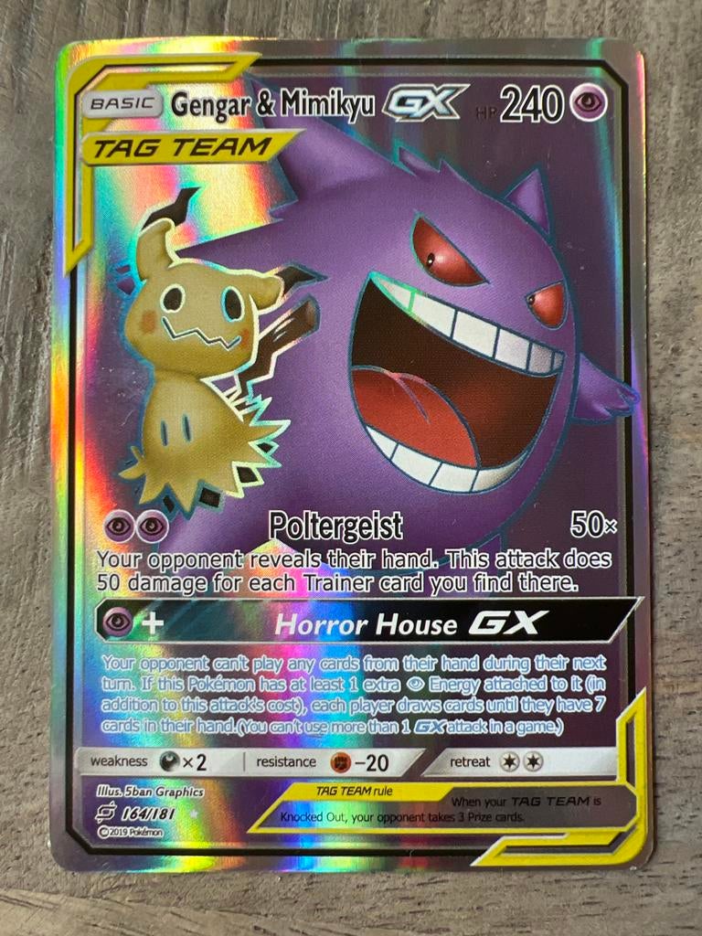 Gengar & Mimikyu GX TAG TEAM Pokémon Kaart 164/181, Ophalen of Verzenden, Zo goed als nieuw, Losse kaart, Foil
