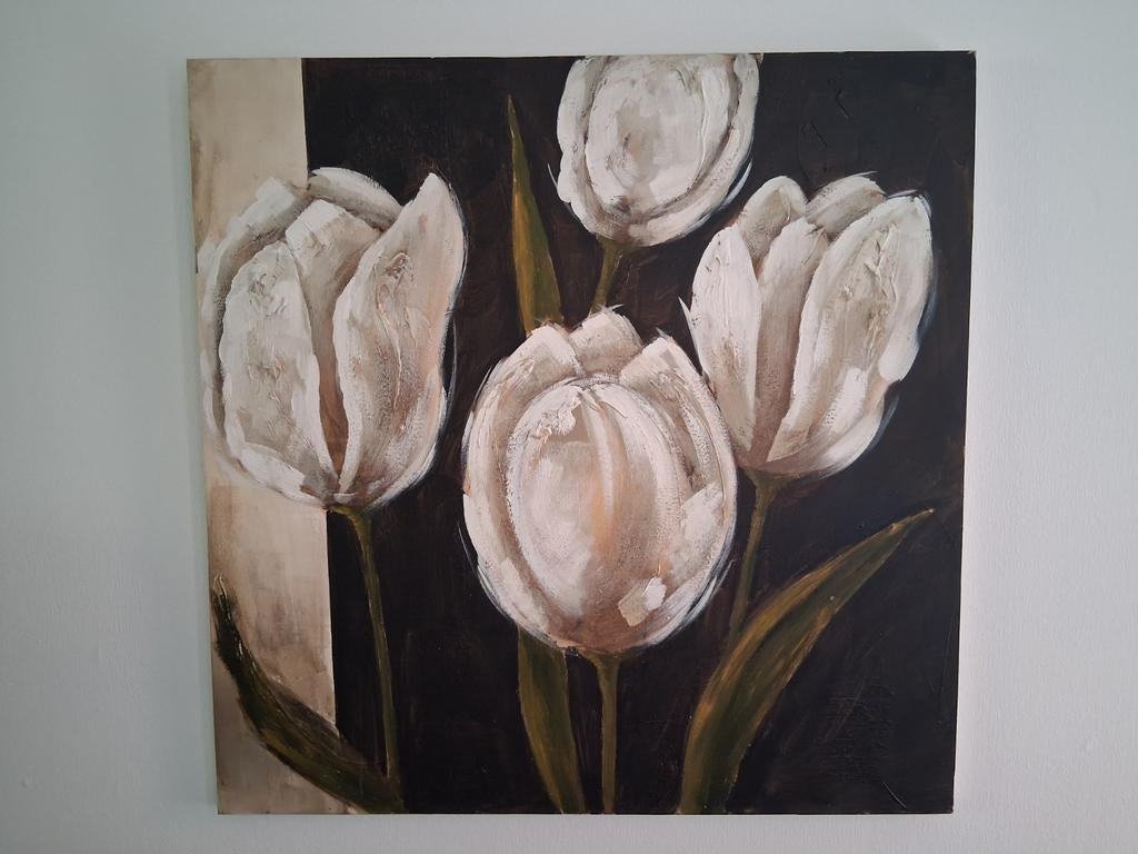 Groot schilderij met witte tulpen 100 x 100 cm, Ophalen, Zo goed als nieuw, Schilderij, 100 tot 125 cm